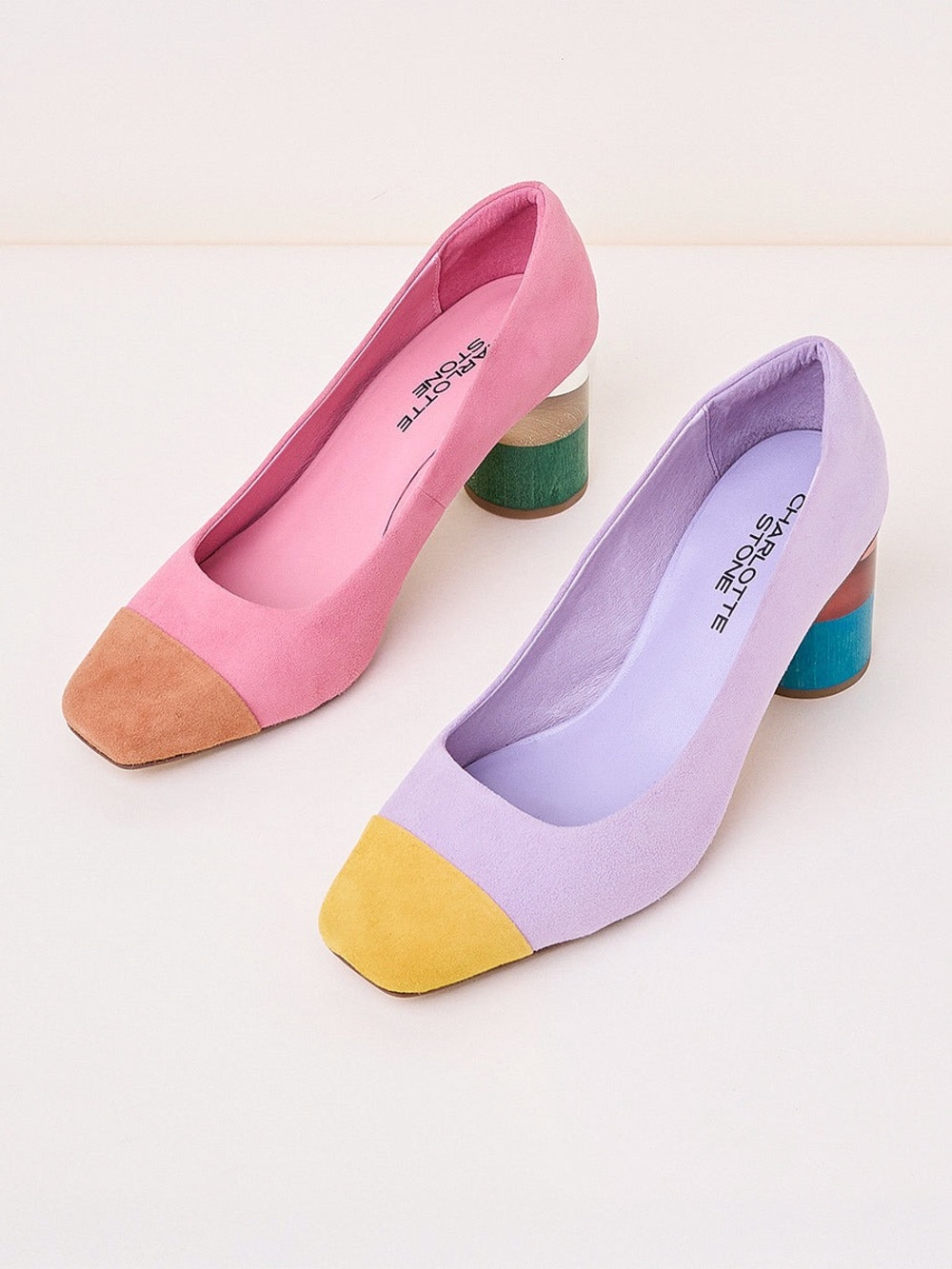 Charlotte Stone Colorblock Suede Block Heels in Pink & Lilac